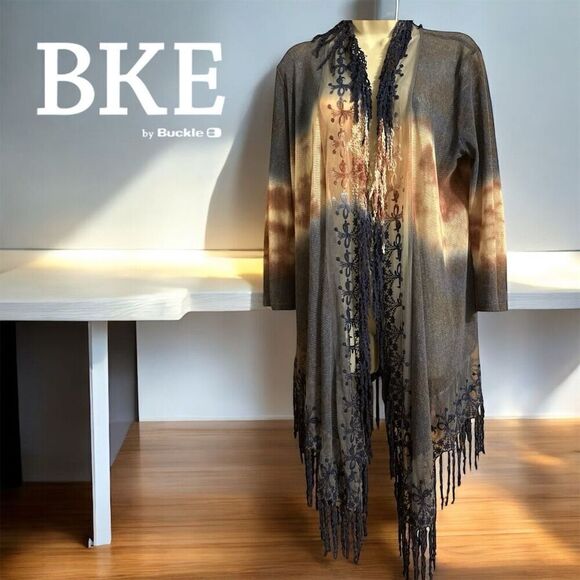 BKE by BUCKLE Sweaters - BKE by Buckle Gray Tan Ombré Navy Blue Fringe Open Front Cardigan Boho Sweater